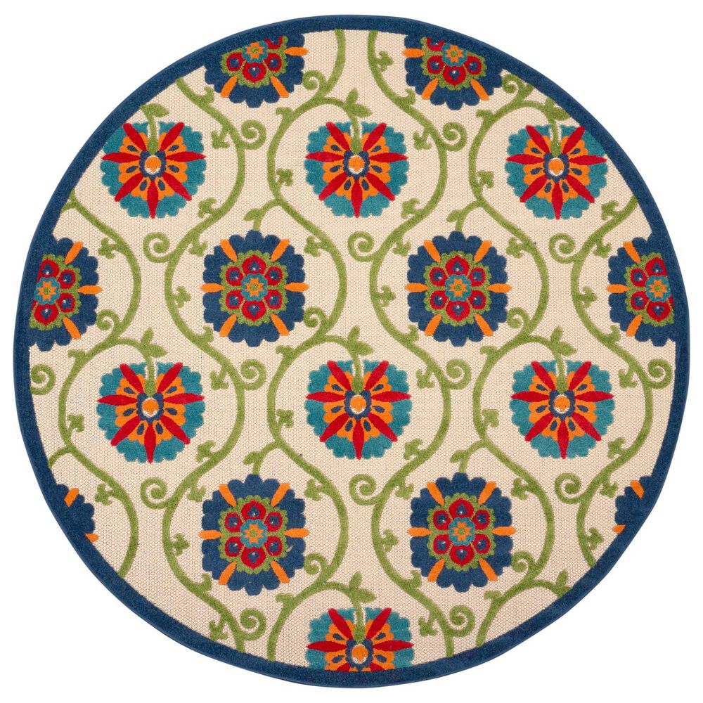 Nourison Aloha ALH19 7"10" Round Blue and Multicolor Indoor/Outdoor Area Rug, , large