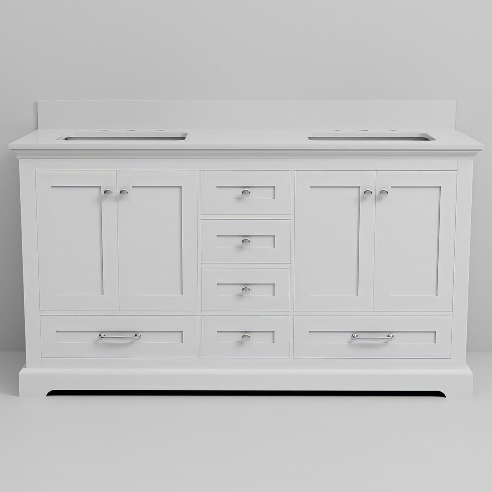 Lexora Home Dukes 60&quot; Double Bathroom Vanity in White with 2 cm White Quartz Top and Rectangular Sinks, , large