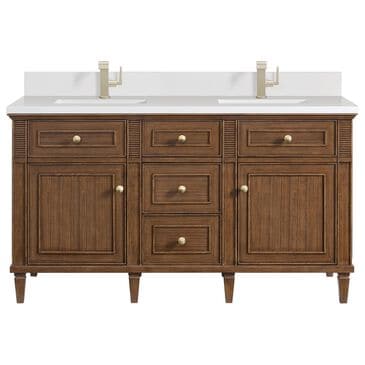 James Martin Vanities Lorelai 60" Double Vanity in Mid-Century Walnut with Single Hole 3 Cm White Zeus Quartz Top & Backsplash, , large