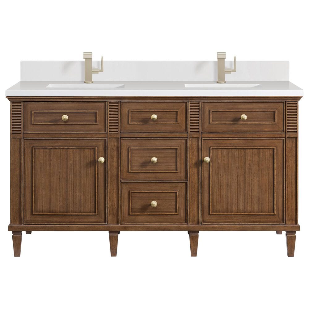 James Martin Vanities Lorelai 60" Double Vanity in Mid-Century Walnut with Single Hole 3 Cm White Zeus Quartz Top & Backsplash, , large