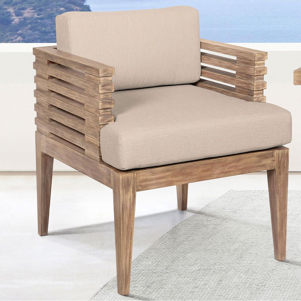 Armen Living Vivid Outdoor Dining Chair with Taupe Cushions in Brown Eucalyptus, , large
