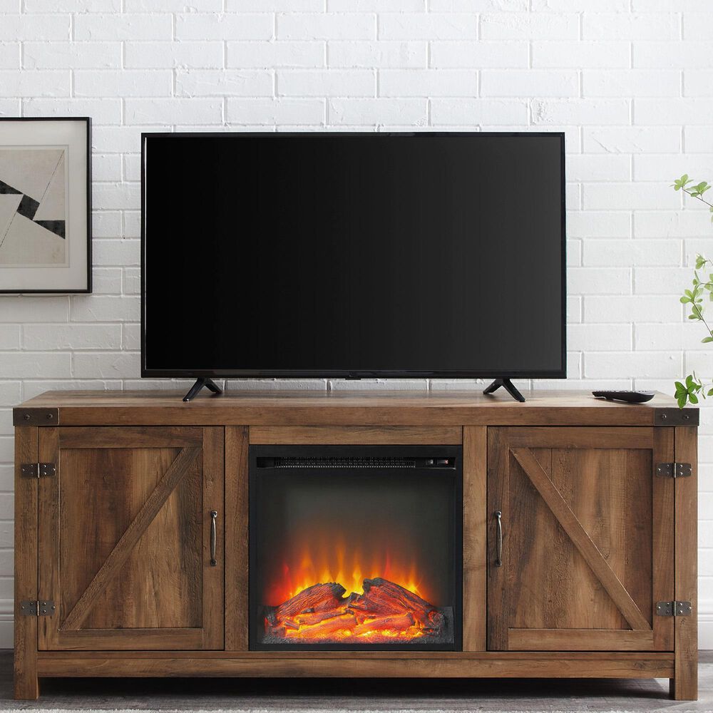 Walker Edison 58&quot; Barn Door Fireplace Console in Rustic Oak, , large