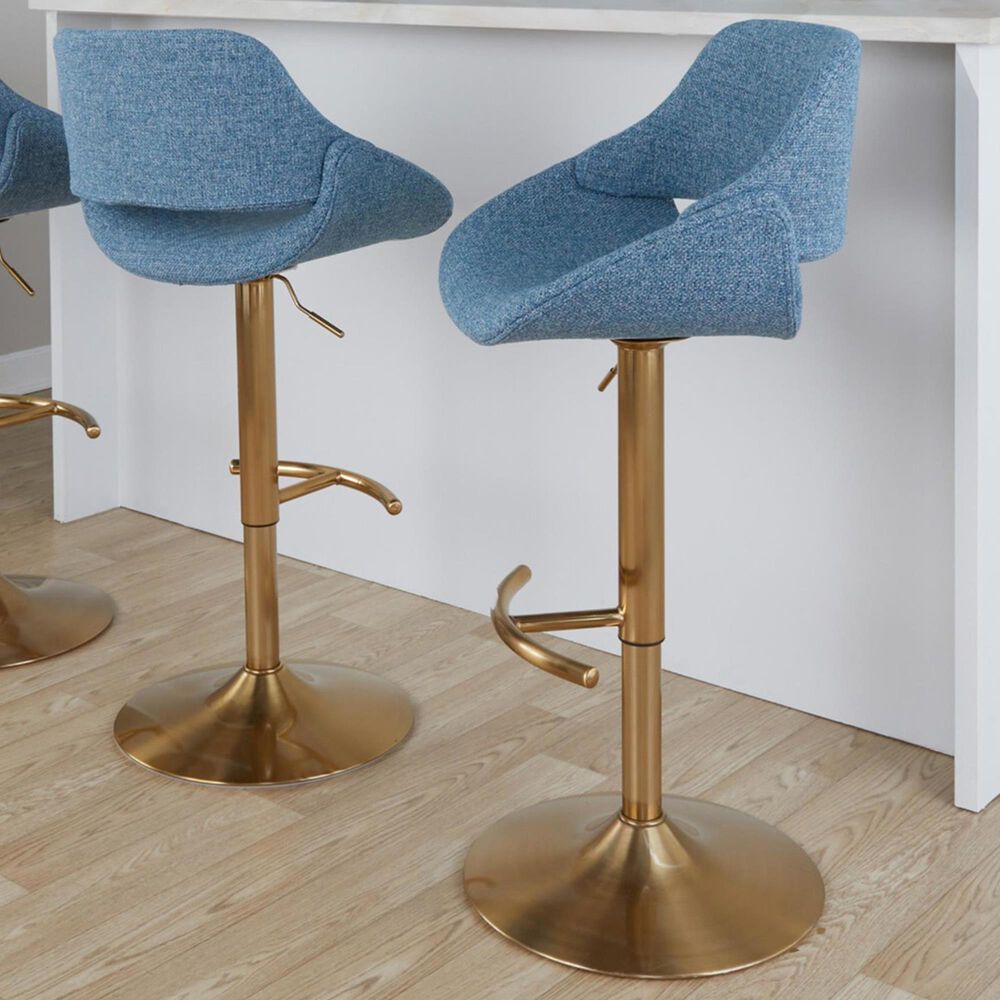 LumiSource Fabrico Swivel Adjustable Bar Stool with Blue Noise Fabric Upholstery and Rounded T Footrest in Gold (Set of 2), , large