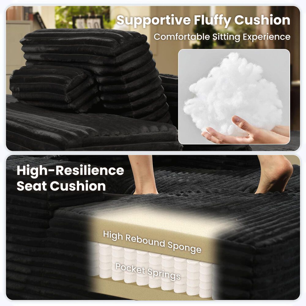 HOMLUX Cloud Faux Fur Chaise Lounge with Plush Pillows in Black, , large