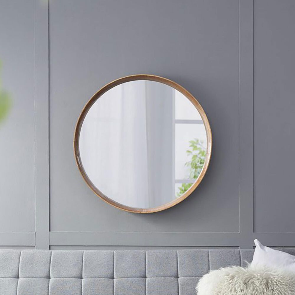 A&amp;B Home Round Wall Mirror in Brown, , large