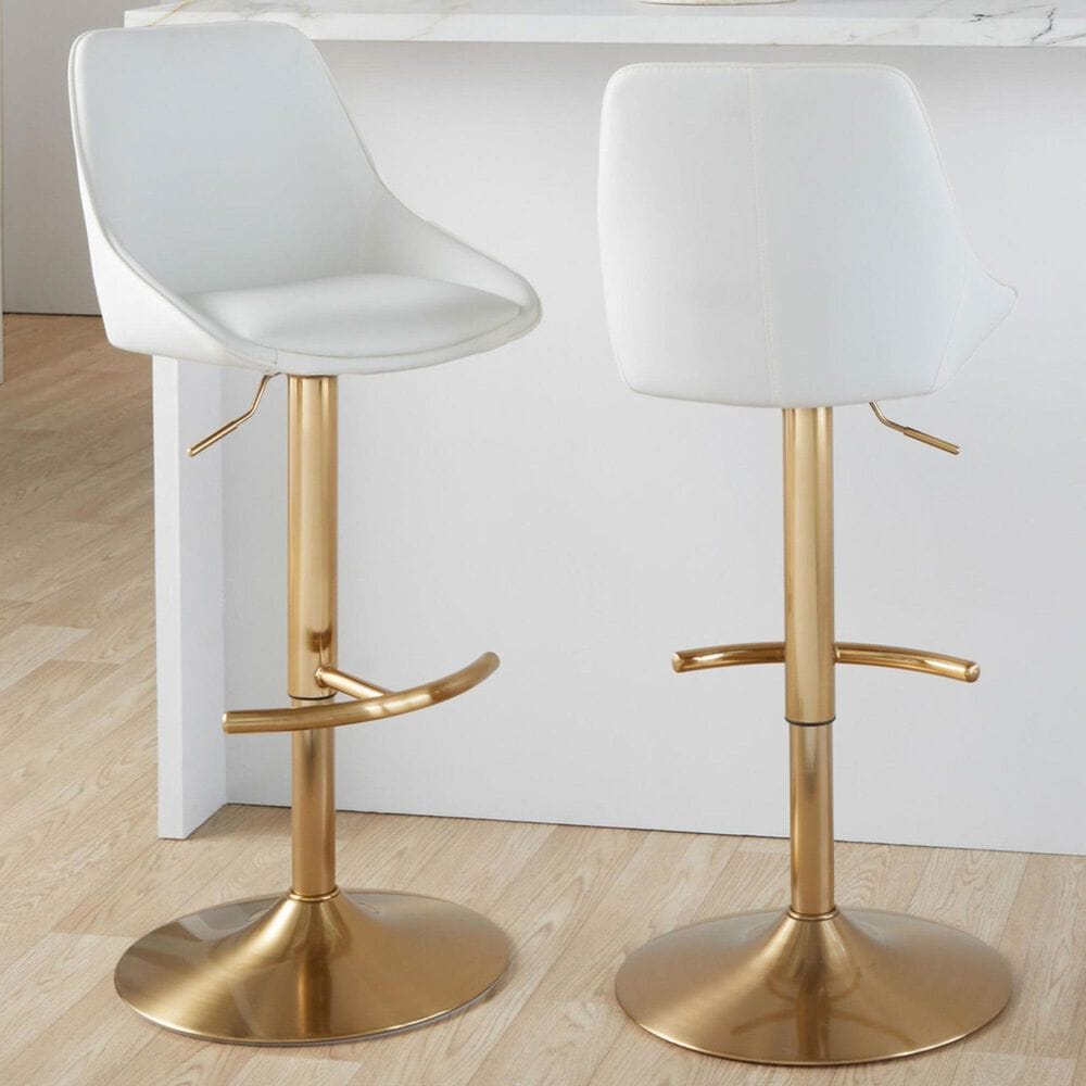 LumiSource Diana Adjustable Barstool with White Faux Leather Upholstery in Gold (Set of 2), , large