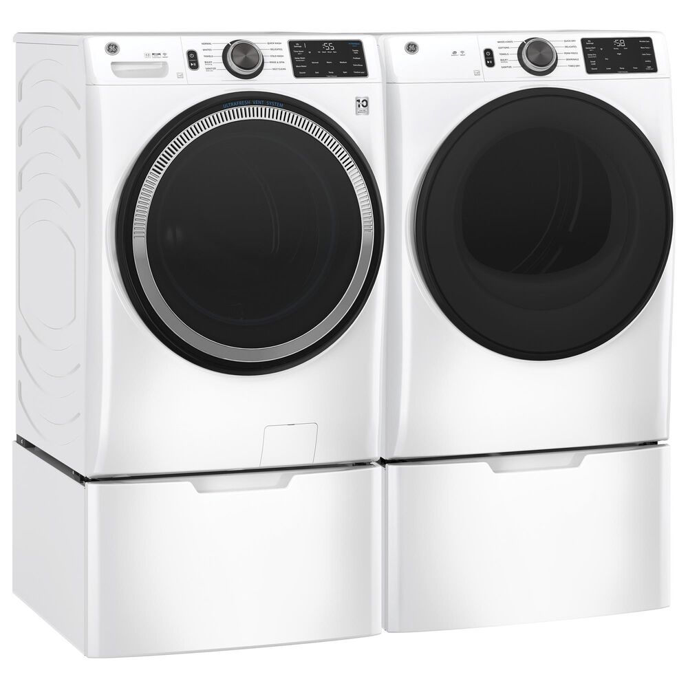 GE Appliances 4.8 Cu. Ft. Front Load Washer and 7.8 Cu. Ft. Electric Dryer Laundry Pair with Pedestal in White, , large