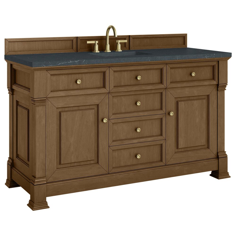 James Martin Vanities Brookfield 60" Single Bathroom Vanity in Honey Oak with 3 cm Charcoal Soapstone Quartz Top and Rectangular Sink, , large