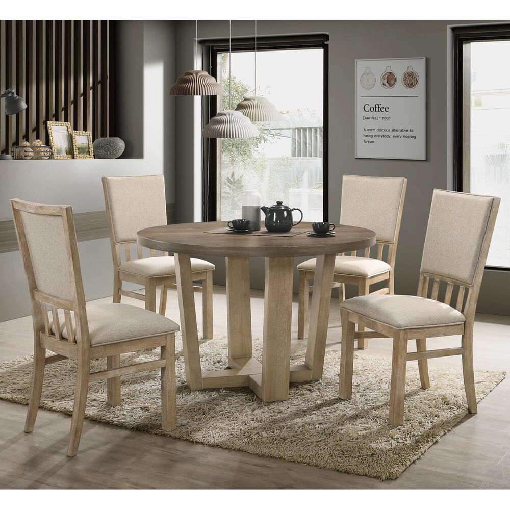 HOMLUX 5-Piece Round Dining Set with Wheat Cushion in Vintage Walnut and Natural Distressed, , large