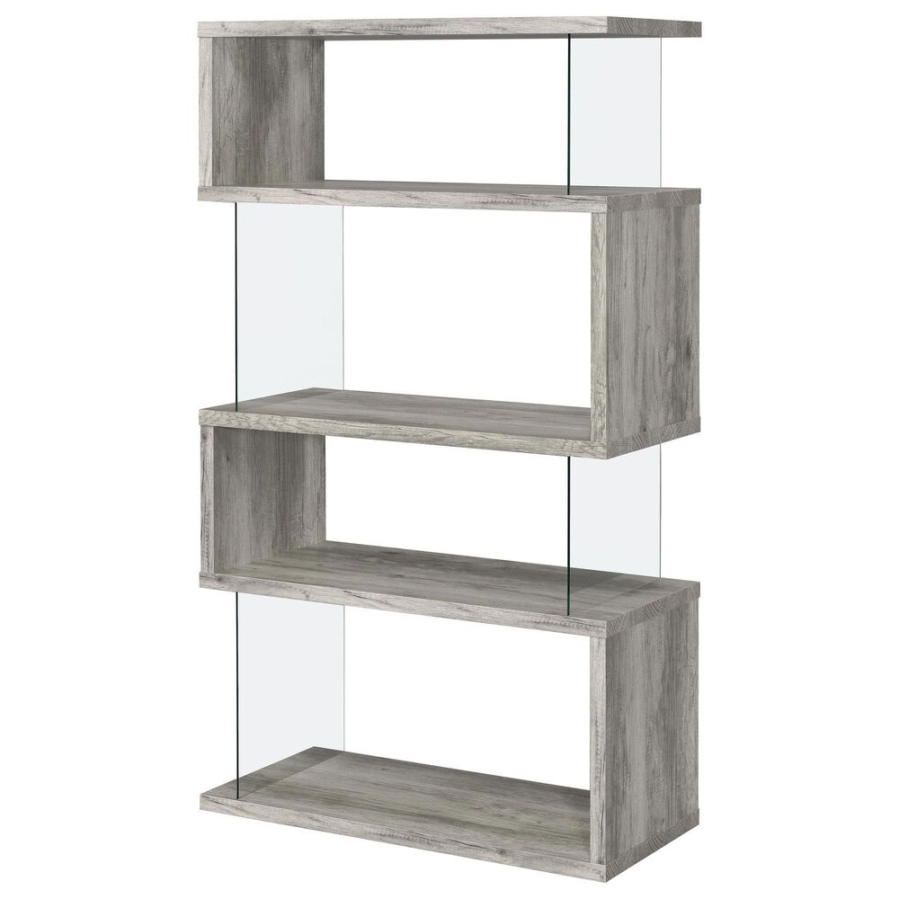 Coaster Emelle 4-Shelf Bookcase with Glass Panel in Light Grey Driftwood and Clear, , large
