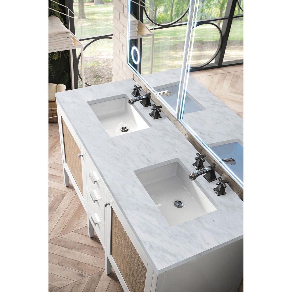 James Martin Vanities Addison 60&quot; Double Bathroom Vanity in Glossy White with 3 cm Carrara White Marble Top and Rectangular Sinks, , large