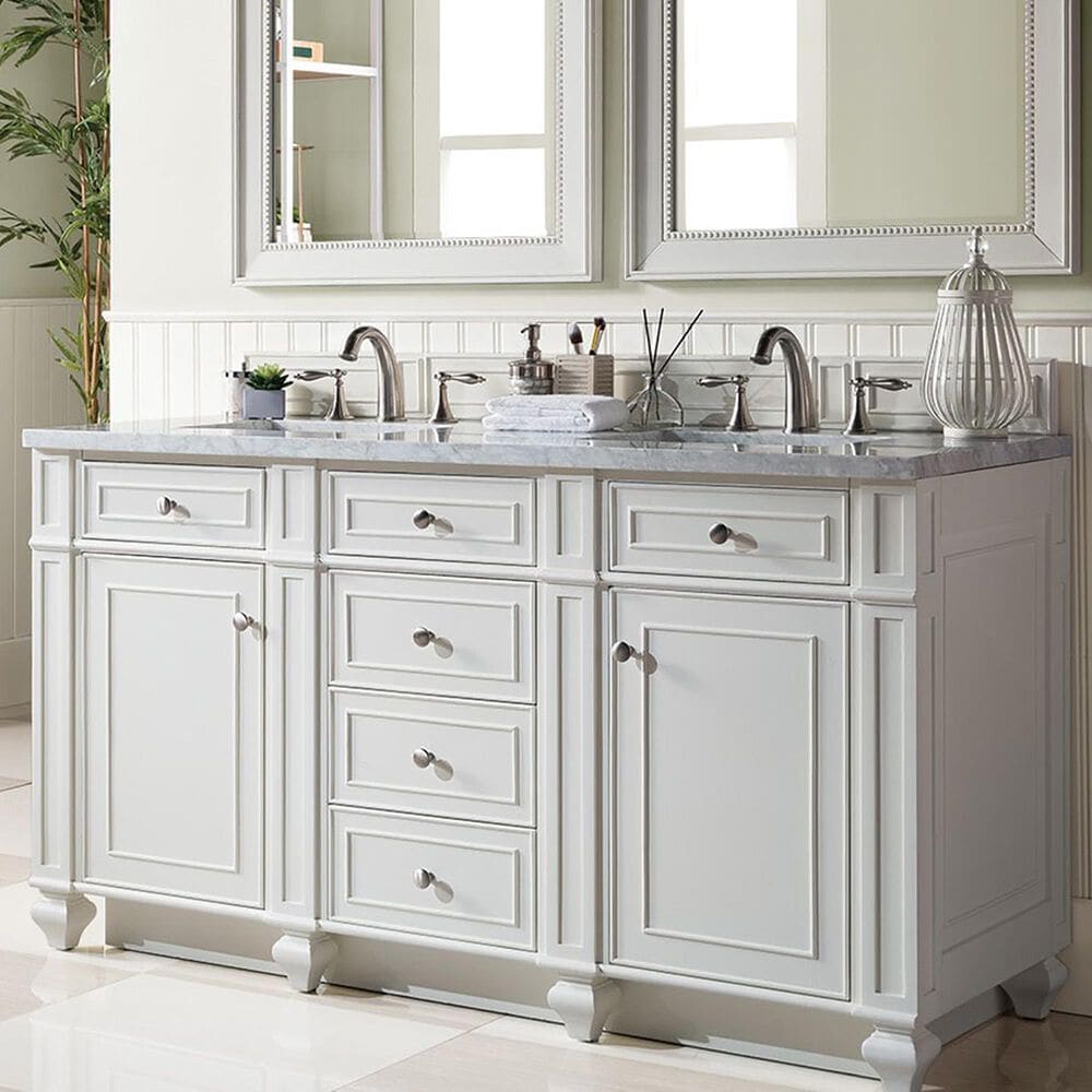 James Martin Vanities Bristol 60&quot; Double Bathroom Vanity in Bright White with 3 cm Carrara White Marble Top and Rectangular Sinks, , large
