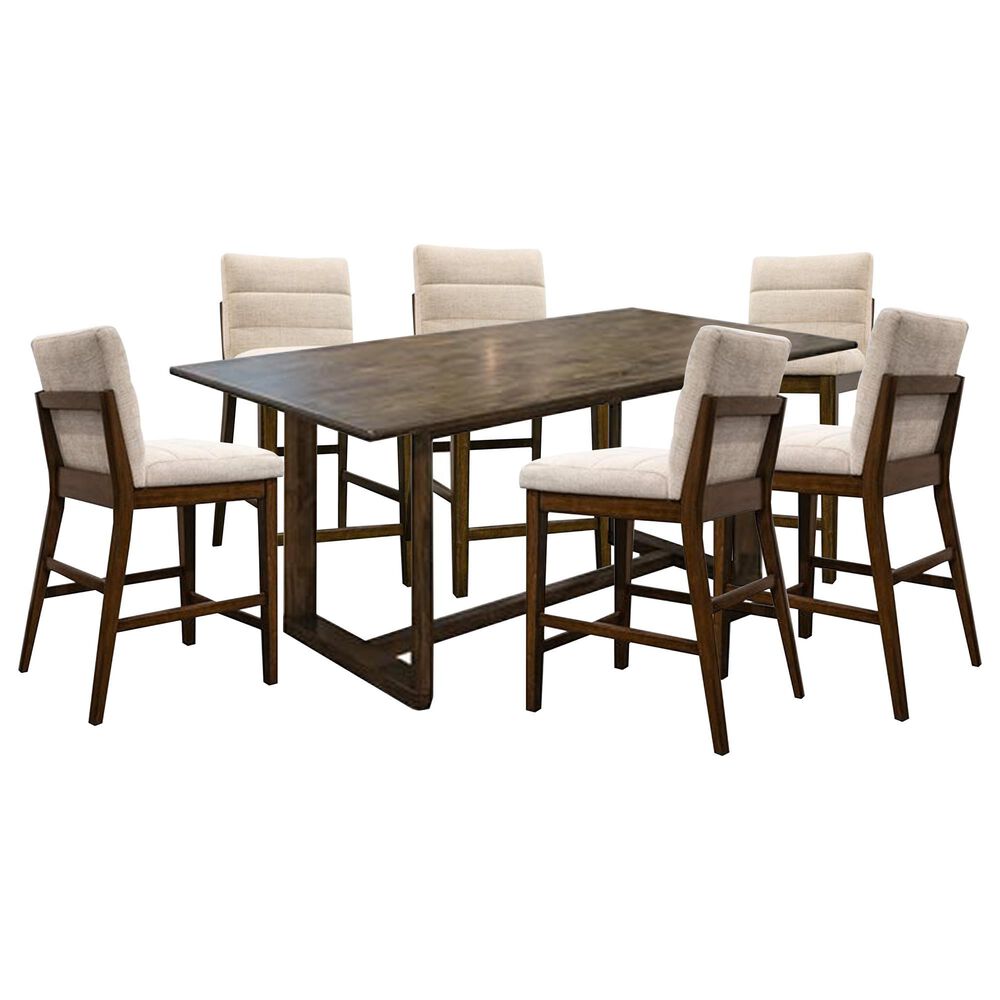 Emerald Ronan Counter Dining Table and 6 Counter Stools in Dark Brown Finish and Cream Polyester, , large
