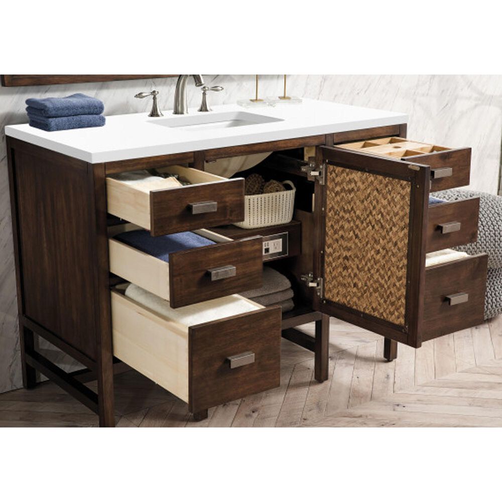 James Martin Vanities Addison 48&quot; Single Bathroom Vanity in Mid Century Acacia with 3 cm White Zeus Quartz Top and Rectangular Sink, , large
