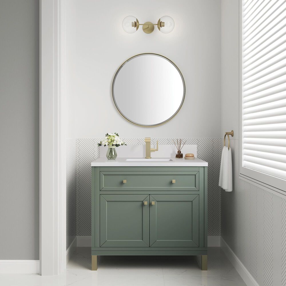 James Martin Vanities Chicago 36&quot; Single Bathroom Vanity in Smokey Celadon with Single Hole 3 cm White Zeus Quartz Top and Rectangular Sink, , large