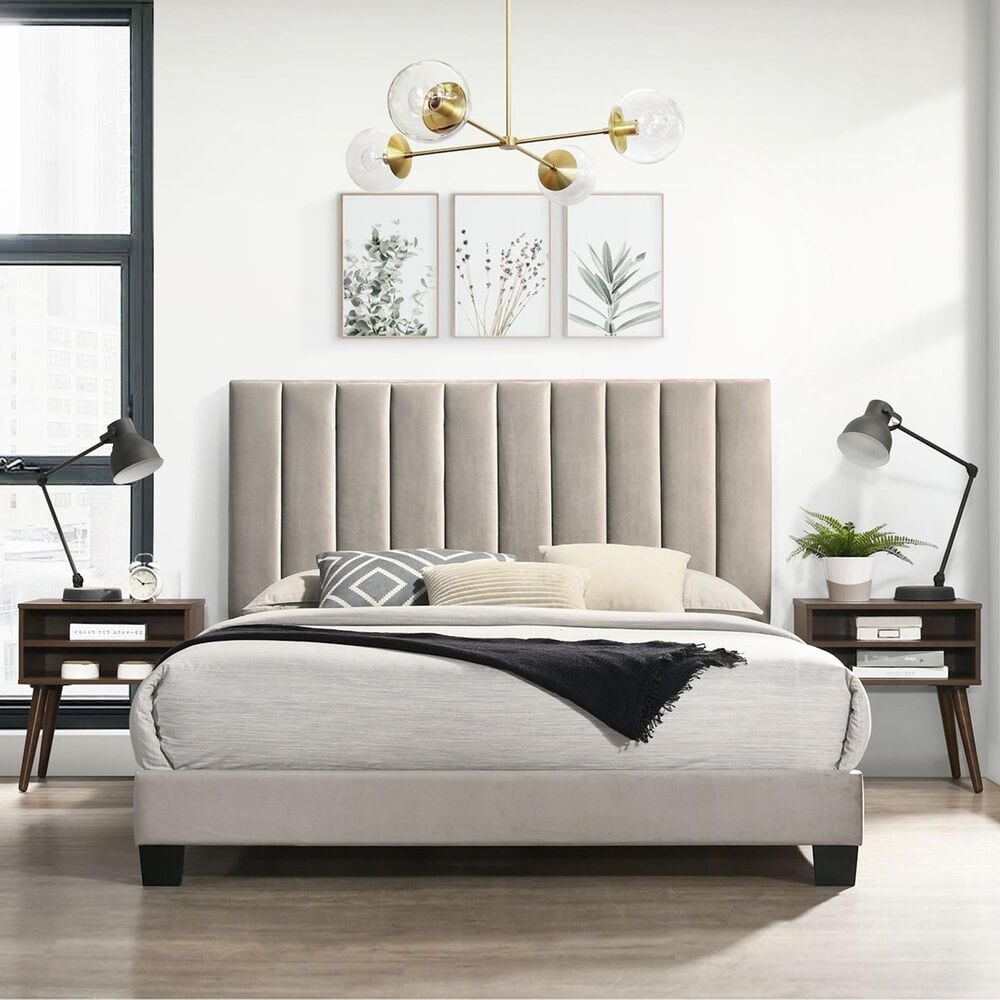 Mayberry Hill Coyote King Upholstered Platform Bed and Two Nightstands Set in Carroll Grey, , large