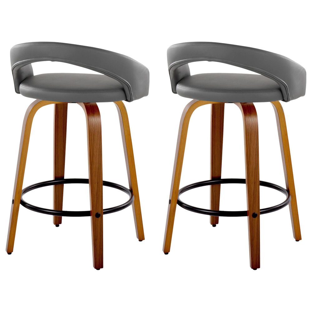 LumiSource Grotto Swivel Counter Stool with Grey Faux Leather Upholstery in Walnut Wood and Black (Set of 2), , large