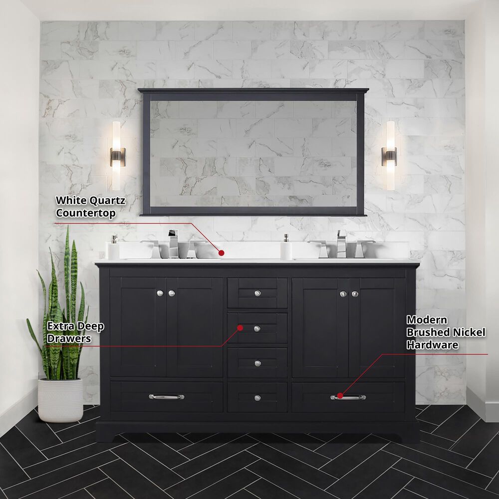 Lexora Home Dukes 60&quot; Double Bathroom Vanity in Espresso with 2 cm White Quartz Top and Rectangular Sinks, , large