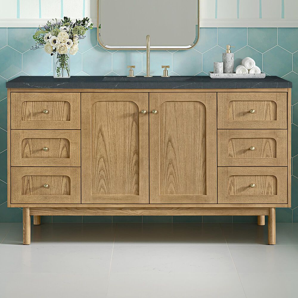 James Martin Vanities Laurent 60&quot; Single Bathroom Vanity in Light Natural Oak with 3 cm Charcoal Soapstone Quartz Top and Rectangular Sink, , large