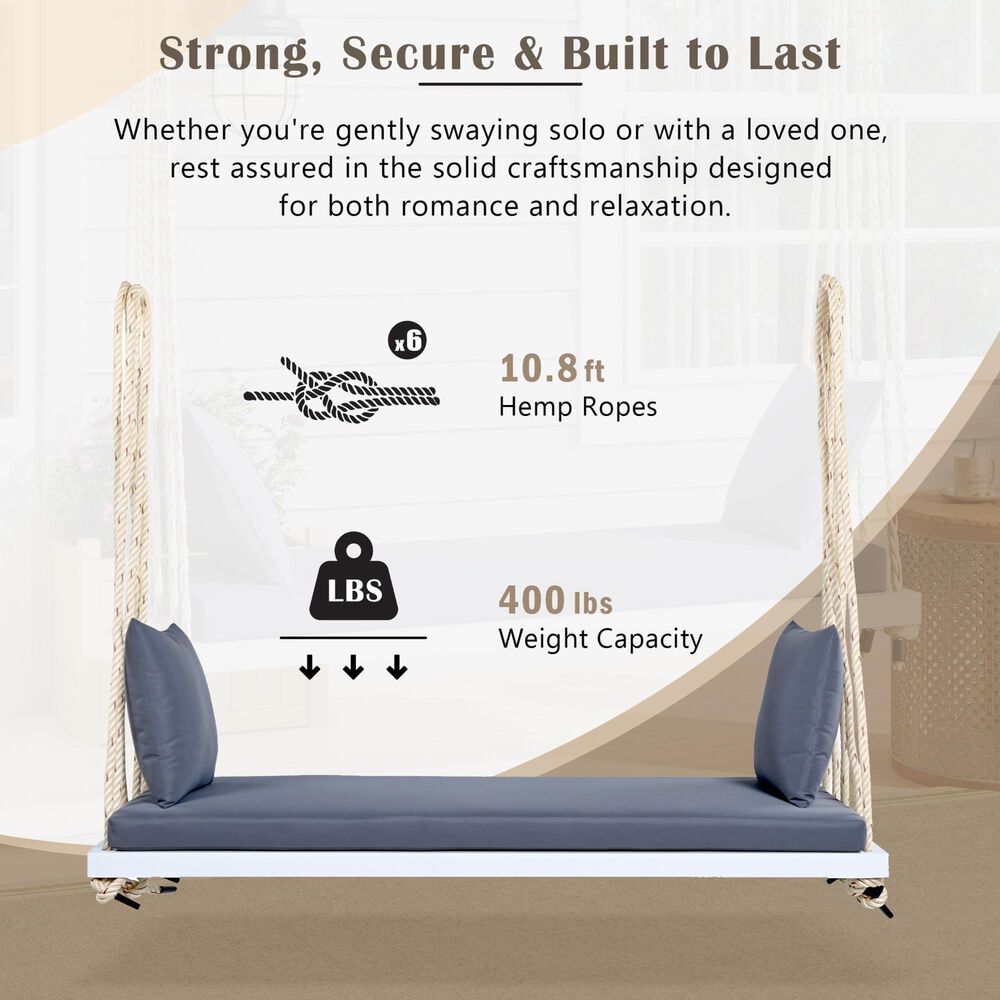 Hearth and Haven Topmax Outdoor Hanging Porch Swing Bench with Dark Gray Cushion in White, , large