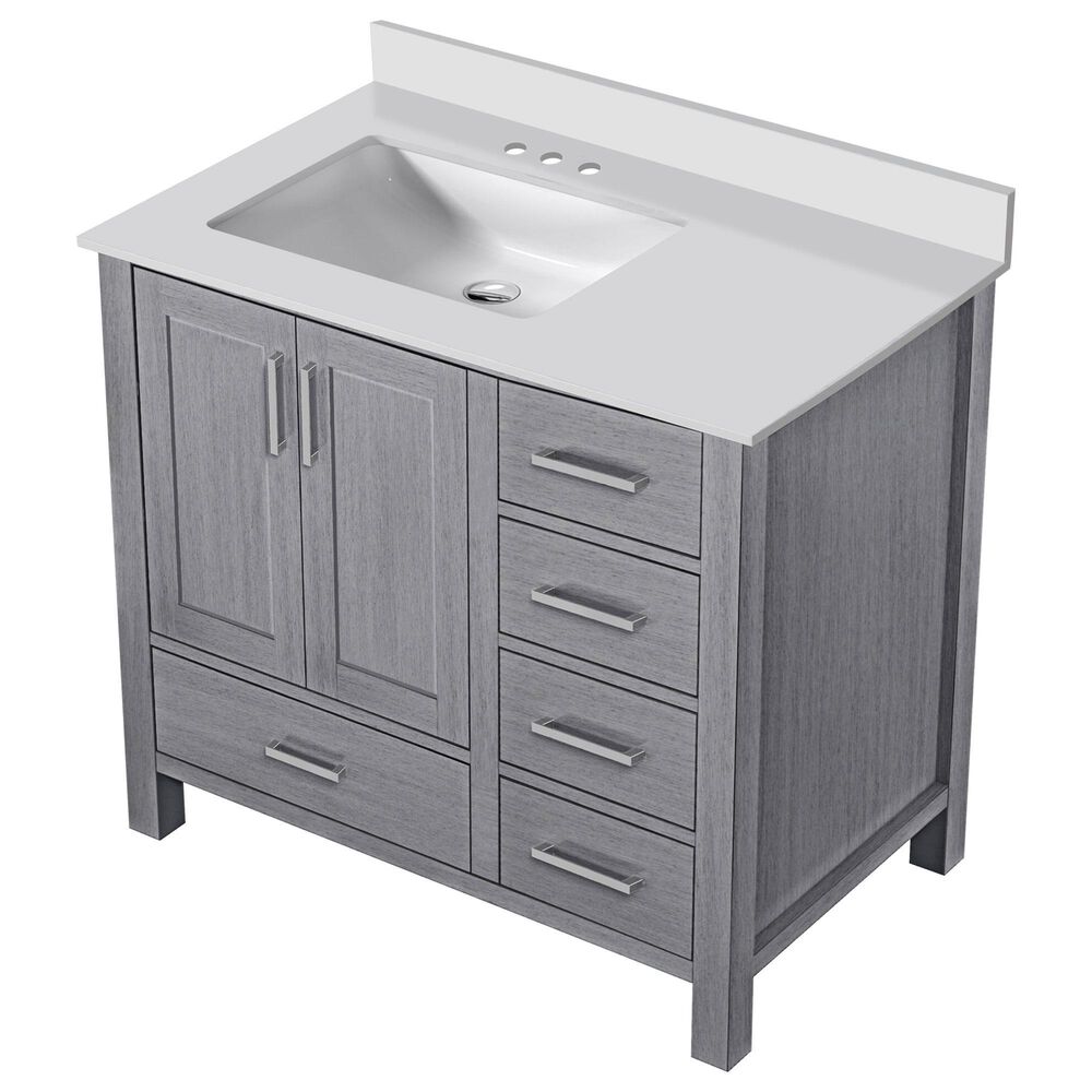Lexora Home Jacques 36&quot; Left Offset Single Bathroom Vanity in Distressed Grey with 2 cm White Quartz Top and Rectangular Sink, , large