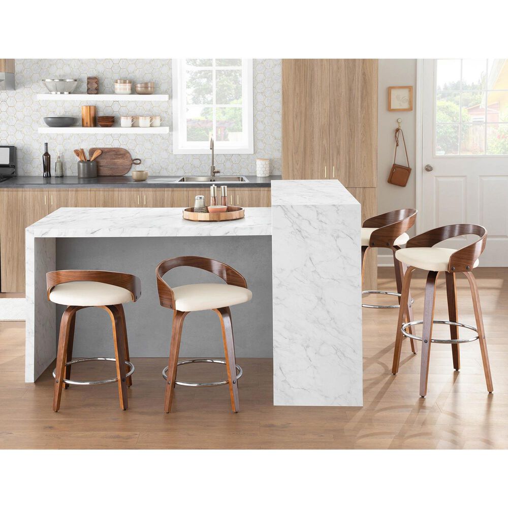 LumiSource Grotto 30" Bar Stool with Cream Upholstery in Walnut Wood and Chrome (Set of 2), , large