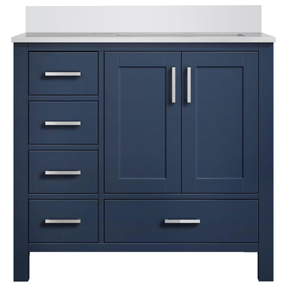 Lexora Home Jacques 36" Right Offset Single Bathroom Vanity in Navy Blue with 2 cm White Cultured Marble Top and Rectangular Sink, , large
