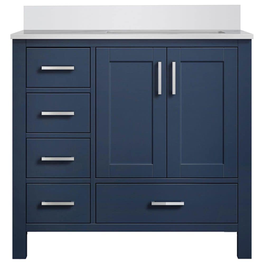 Lexora Home Jacques 36" Right Offset Single Bathroom Vanity in Navy Blue with 2 cm White Cultured Marble Top and Rectangular Sink, , large