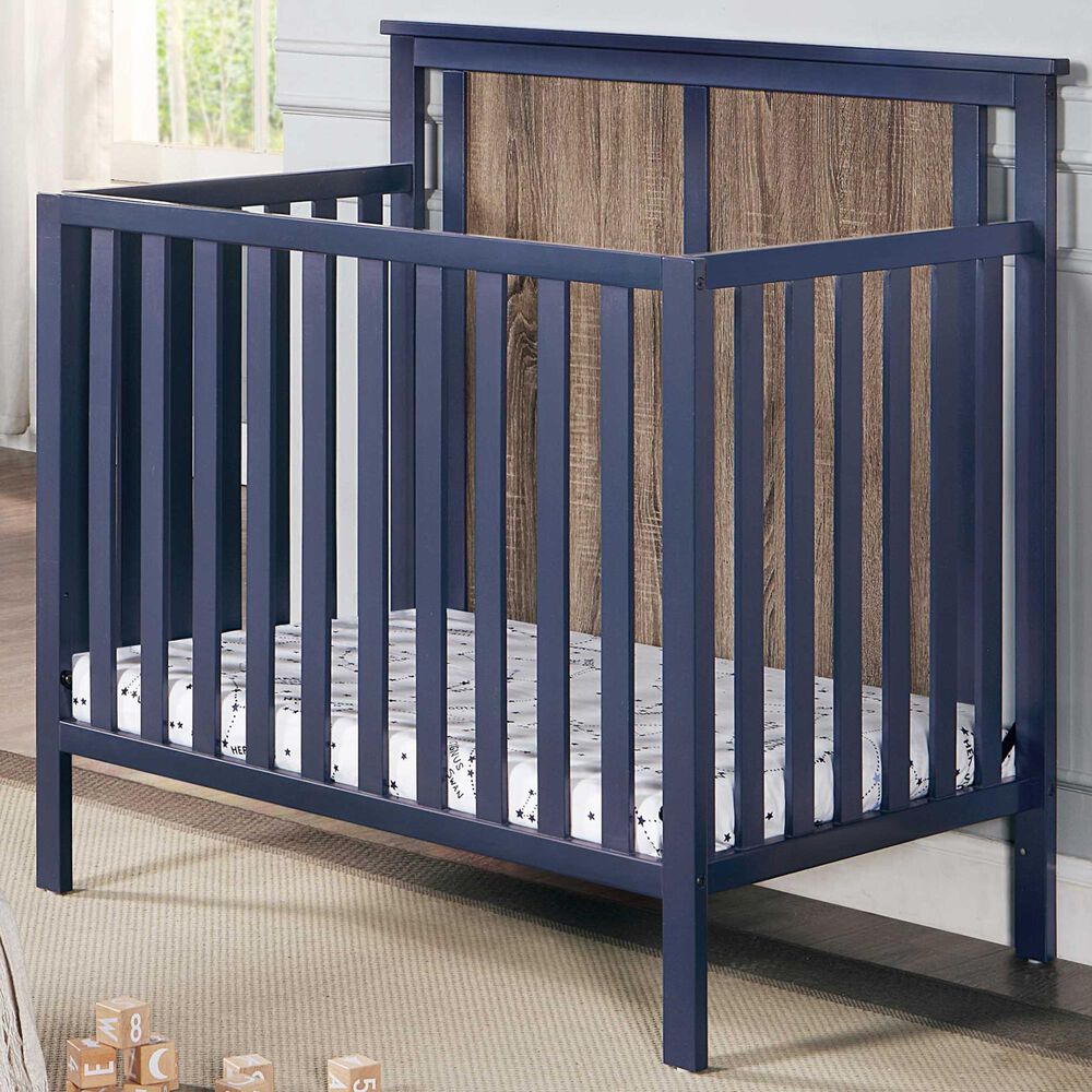 Hearth and Haven Connelly Mini Crib with Mattress Pad in Midnight Blue and Vintage Walnut, , large