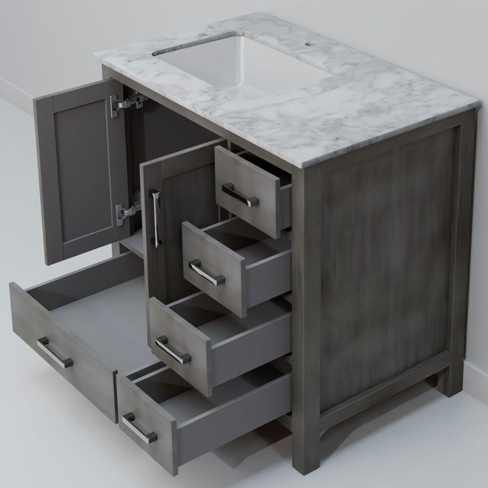 Lexora Home Jacques 36&quot; Left Offset Single Bathroom Vanity in Distressed Grey with 2 cm White Carrara Marble Top and Rectangular Sink, , large