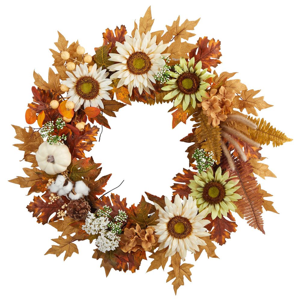 Nearly Natural Inc 30in. Autumn Sunflower, White Pumpkin and Berries Artificial Fall Wreath, , large