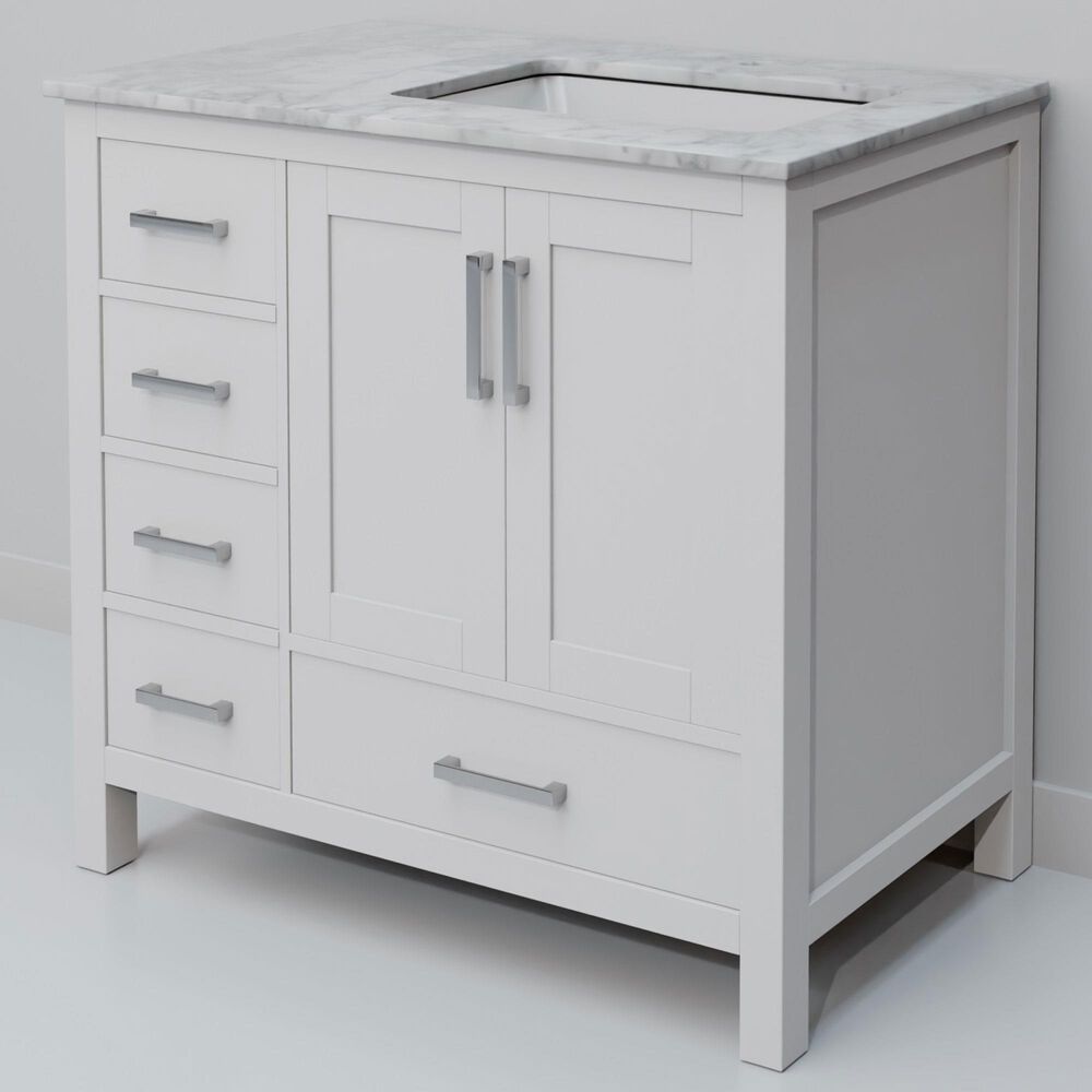 Lexora Home Jacques 36" Right Offset Single Bathroom Vanity in White with 2 cm White Carrara Marble Top and Rectangular Sink, , large