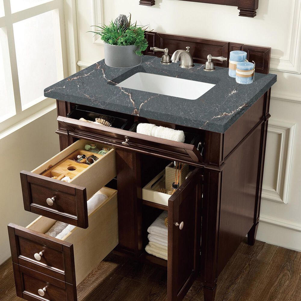 James Martin Vanities Brittany 30&quot; Single Bathroom Vanity in Burnished Mahogany with 3 cm Parisien Bleu Quartz Top and Rectangular Sink, , large