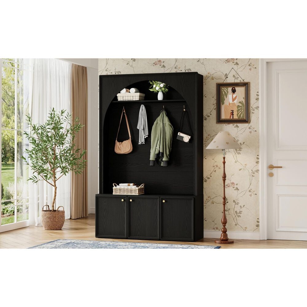 HOMLUX 4-Hook Hall Tree with Entryway Storage Bench in Black, , large