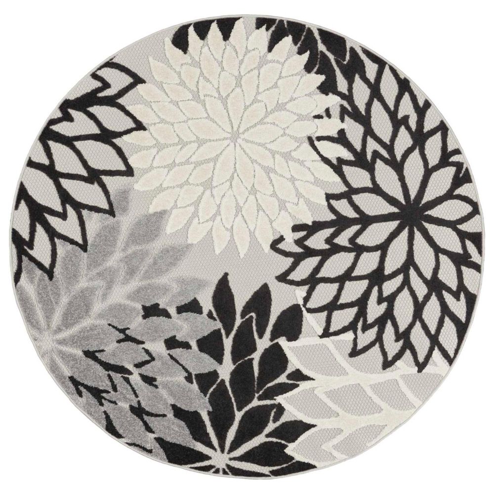 Nourison Aloha Floral 4" Round Black and White Indoor/Outdoor Area Rug, , large