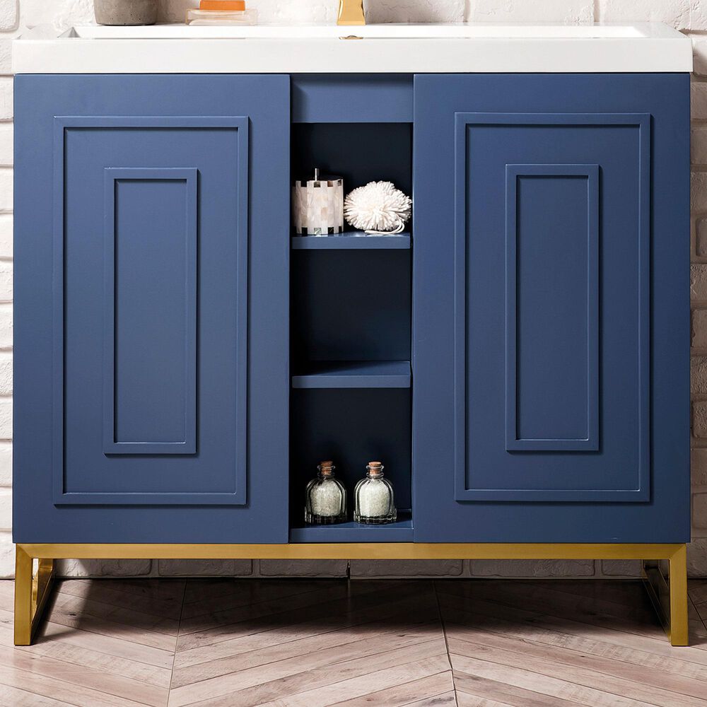 James Martin Vanities Alicante 39.5&quot; Single Bathroom Vanity in Azure Blue and Radiant Gold with 5 cm White Glossy Resin Top and Rectangular Sink, , large