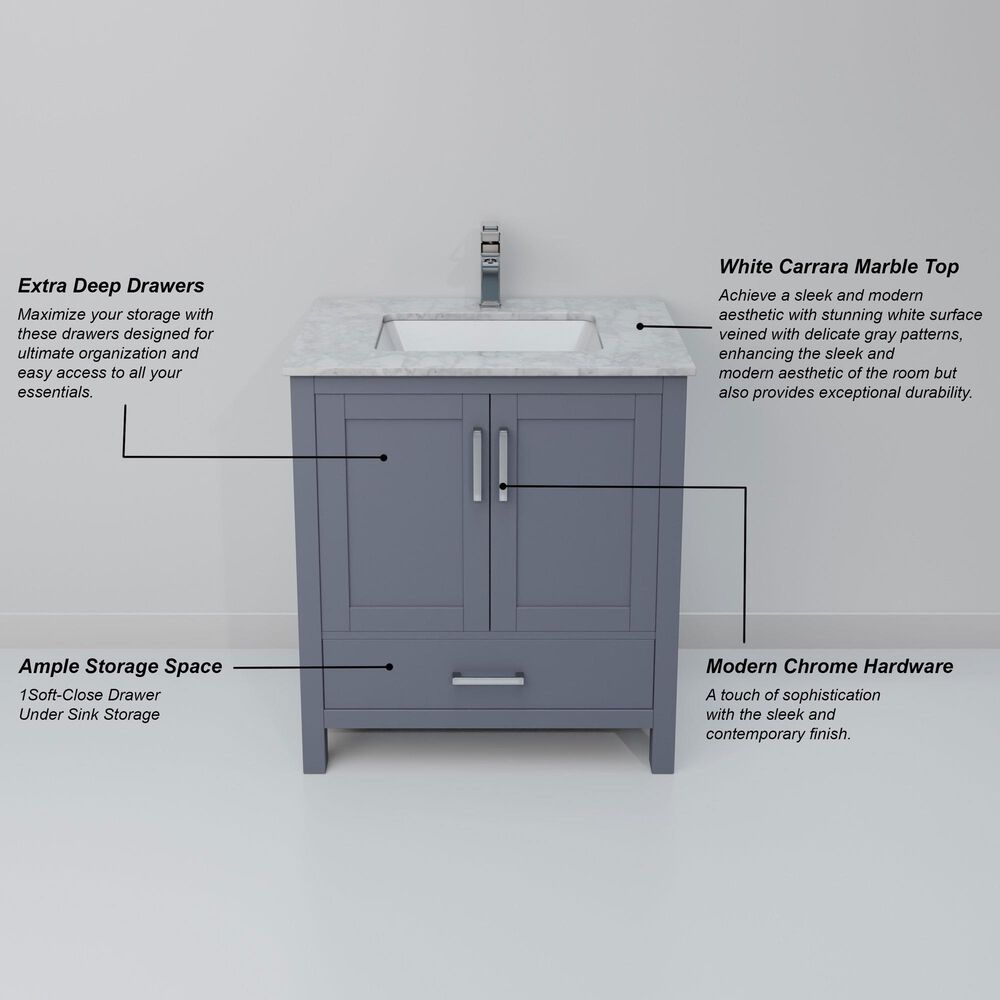 Lexora Home Jacques 30" Single Bathroom Vanity in Dark Grey with 2 cm White Carrara Marble Top and Rectangular Sink, , large