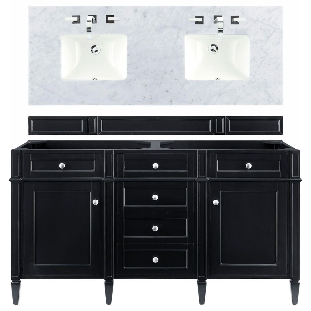 James Martin Vanities Brittany 60" Double Bathroom Vanity in Black Onyx with 3 cm Carrara White Marble Top, , large