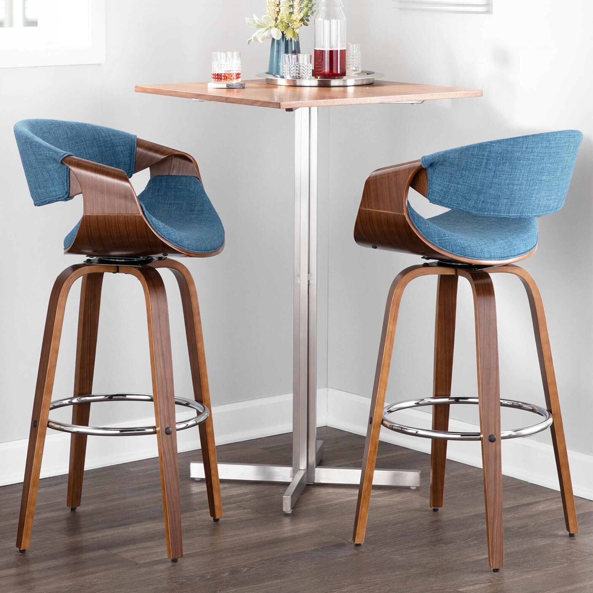 Lumisource Curvini Swivel Barstool with Blue Cushion in Walnut and