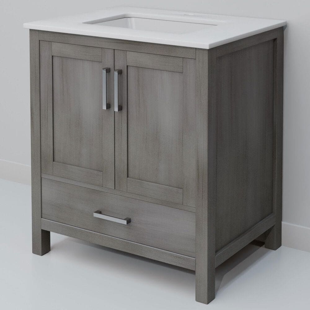 Lexora Home Jacques 30" Single Bathroom Vanity in Distressed Grey with 2 cm White Quartz Top and Rectangular Sink, , large