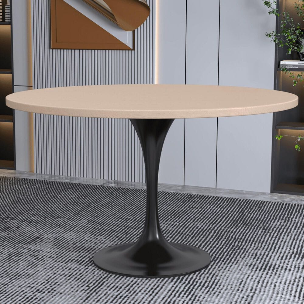 Leisuremod LeisureMod Verve Collection 48 Round Dining Table, Black Base with Light Natural Wood MDF Top, , large