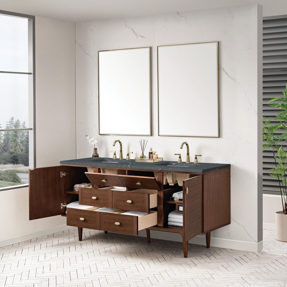 James Martin Vanities Amberly 72&quot; Double Bathroom Vanity in Mid-Century Walnut with 3 cm Parisien Bleu Quartz Top and Rectangular Sinks, , large