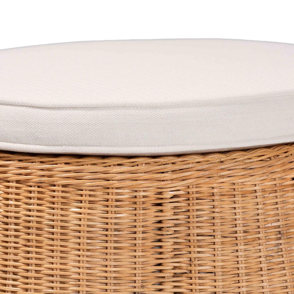 bali &amp; pari Palm 26" Round Ottoman with Light Honey Rattan in White, , large