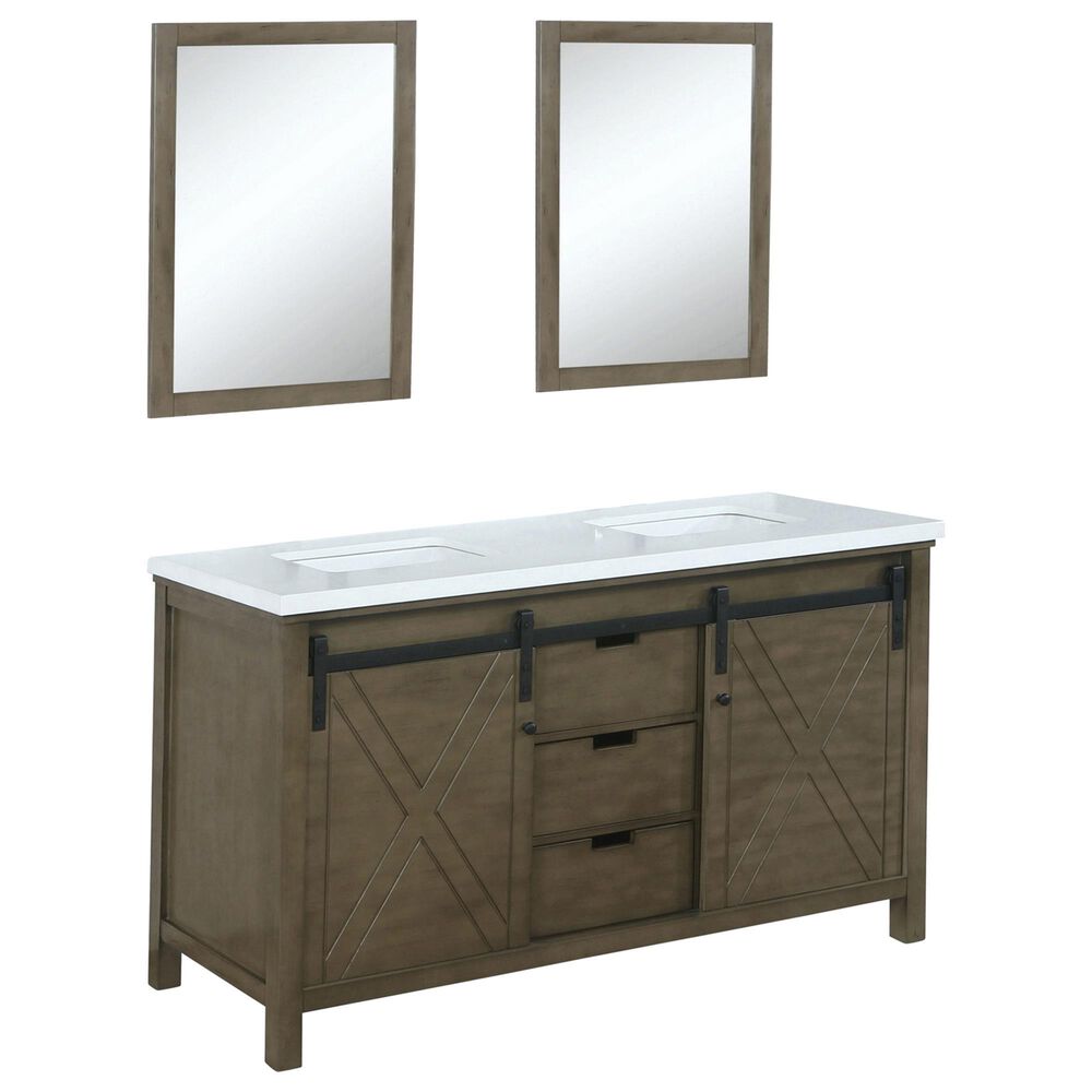 Lexora Home Marsyas 60" Double Bathroom Vanity in Rustic Brown with White Quartz Top, Rectangle Sinks and Mirrors, , large
