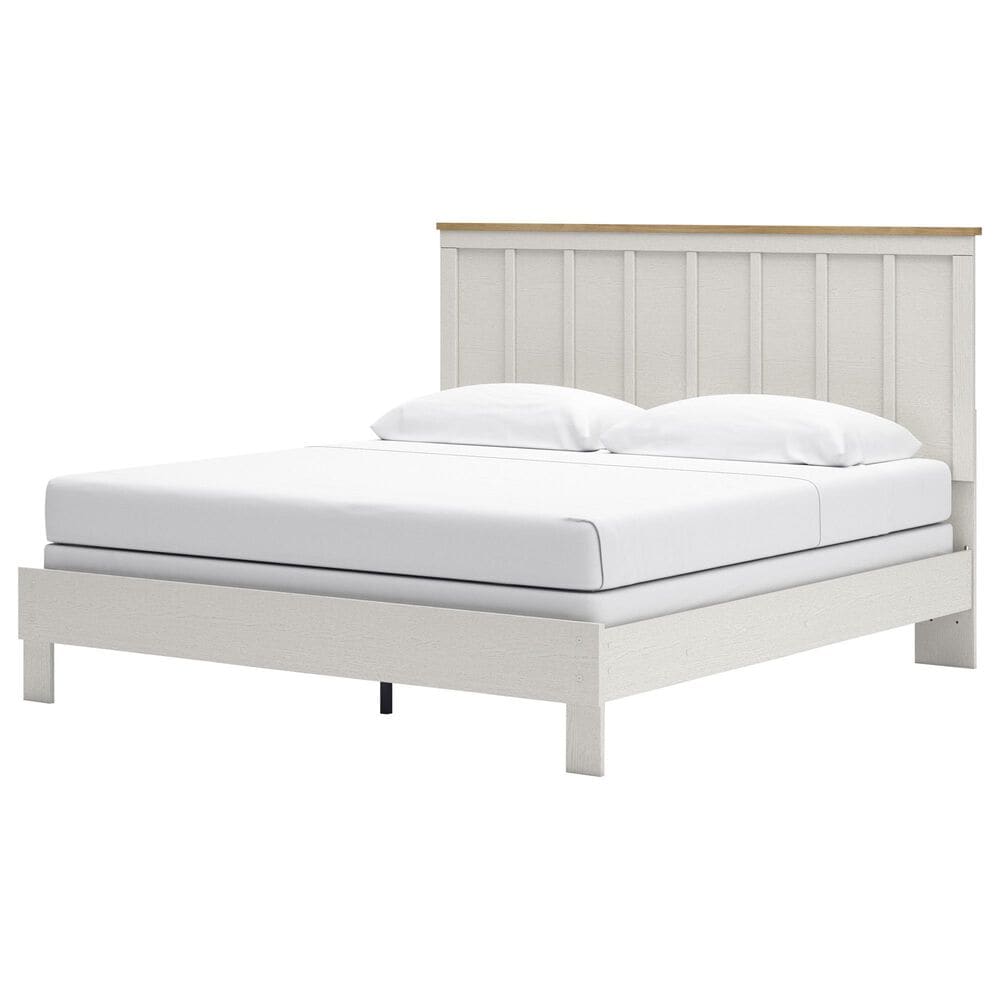 Ashley Linnocreek King Panel Bed in White and Warm Brown, , large