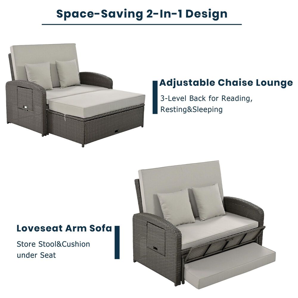 HOMLUX Wicker Rattan Double Chaise Lounge in Grey, , large