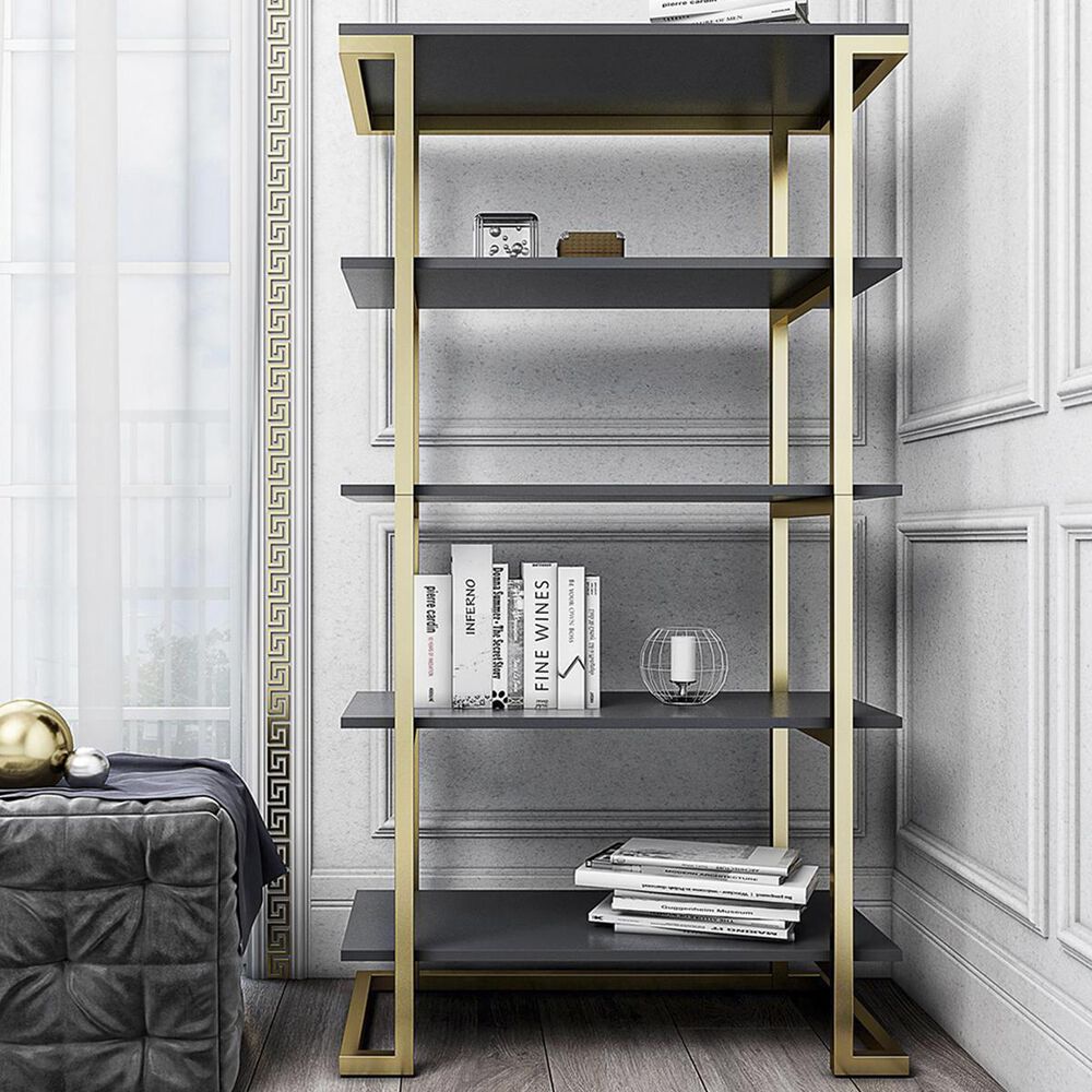 CosmoLiving by Cosmopolitan CosmoLiving Camila 5-Shelf Bookcase in Graphite Gray and Gold, , large