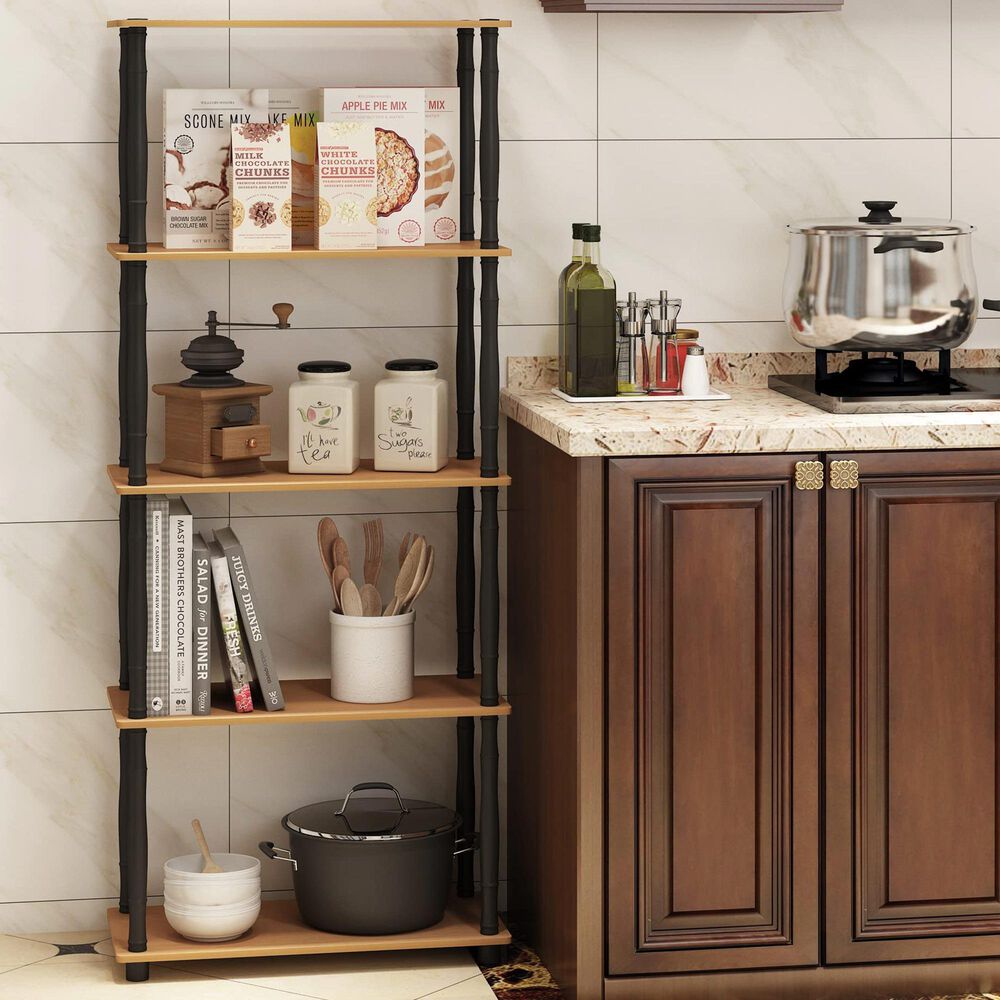 HOMLUX Turn-N-Tube 5-Tier Open Storage Bookshelf in Light Cherry and Black, , large