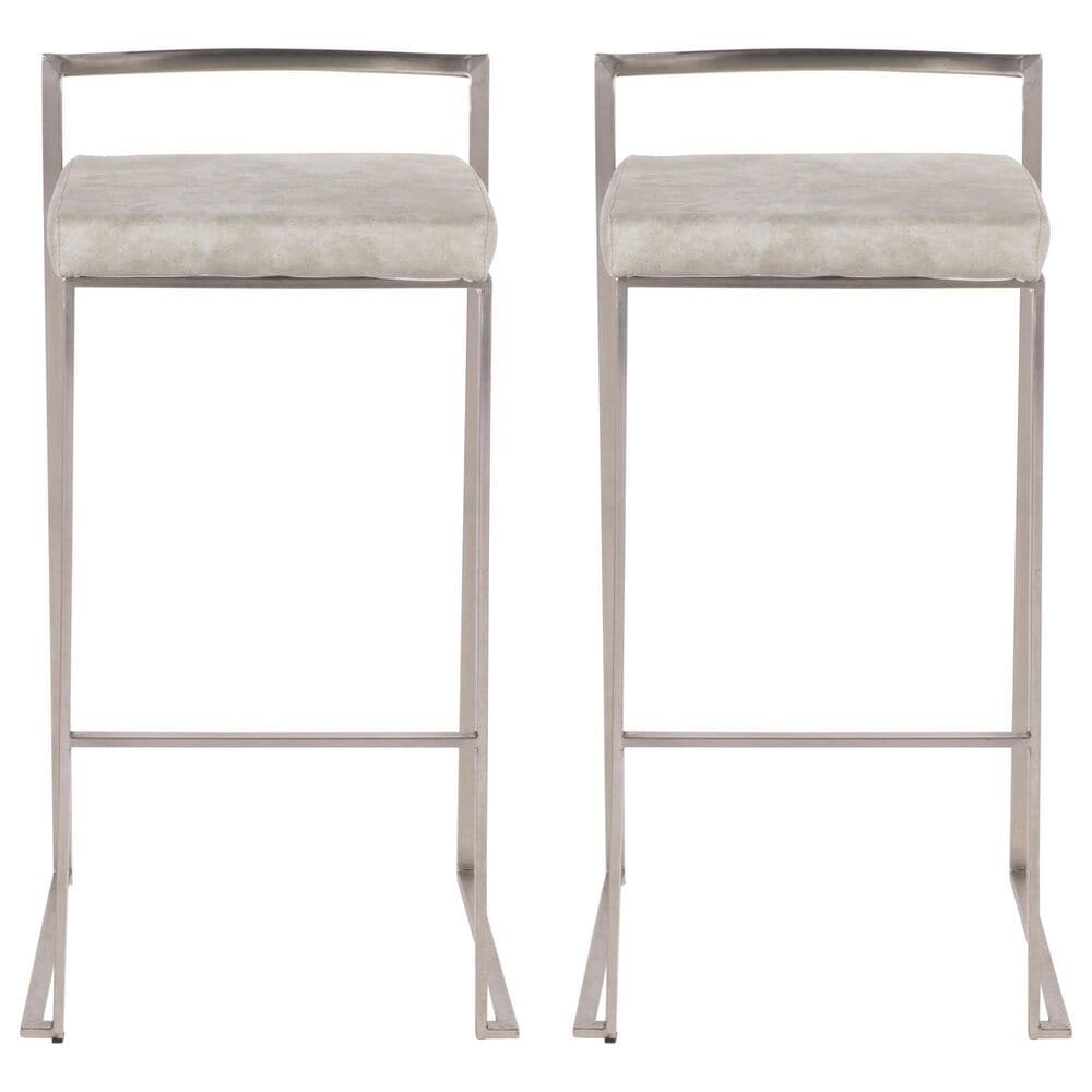 LumiSource Fuji 30" Stacker Bar Stool with Light Grey Cowboy Upholstery in Stainless Steel (Set of 2), , large