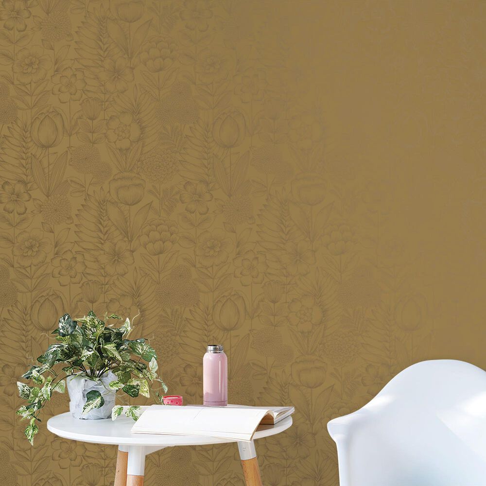 Tempaper Homestead Floral 198&quot; x 20.5&quot; Peel and Stick Wallpaper in Metallic Marigold, , large
